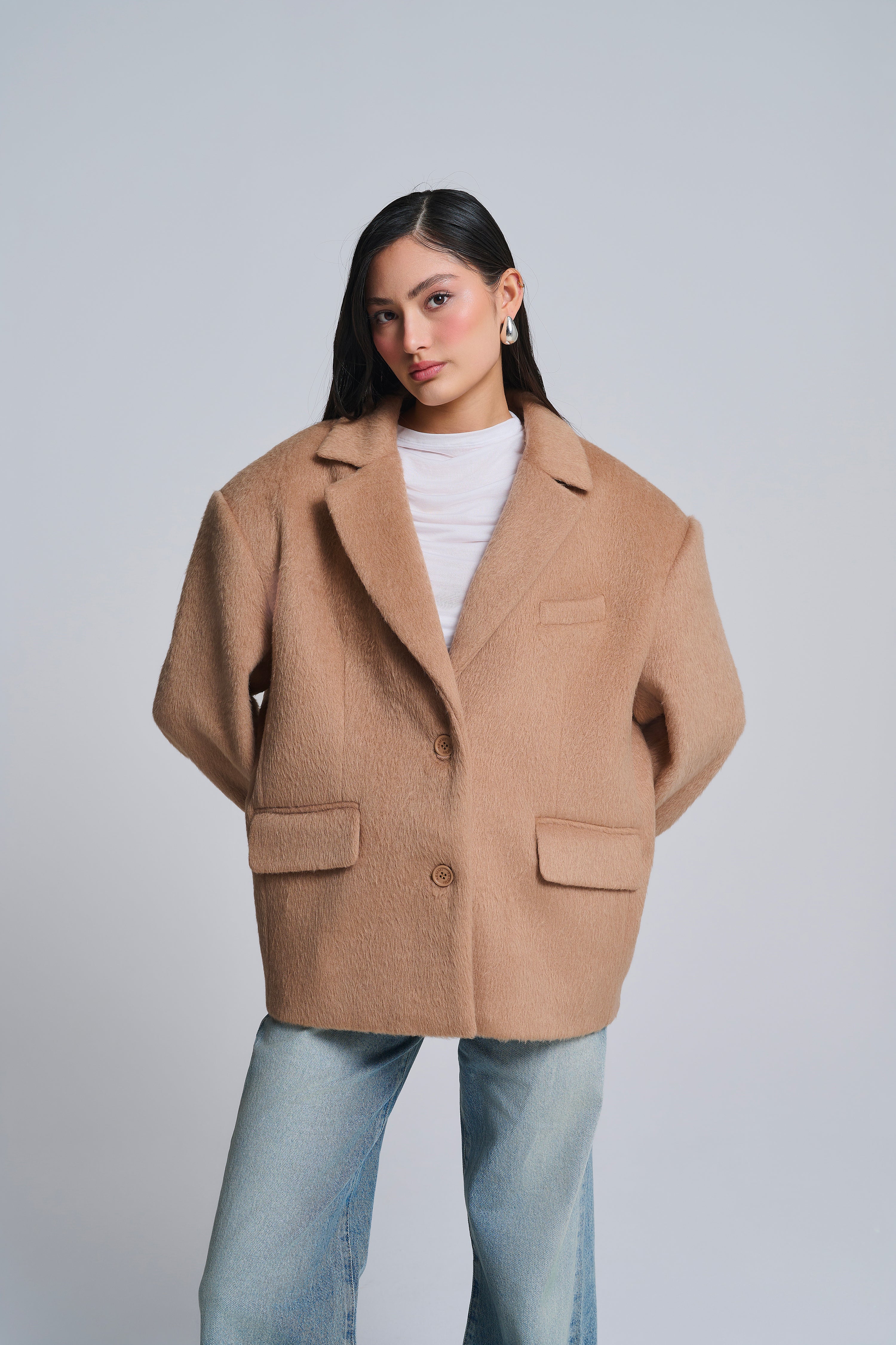 HAARIGER OVERSIZED-BLAZER AUS WOLLMISCHUNG