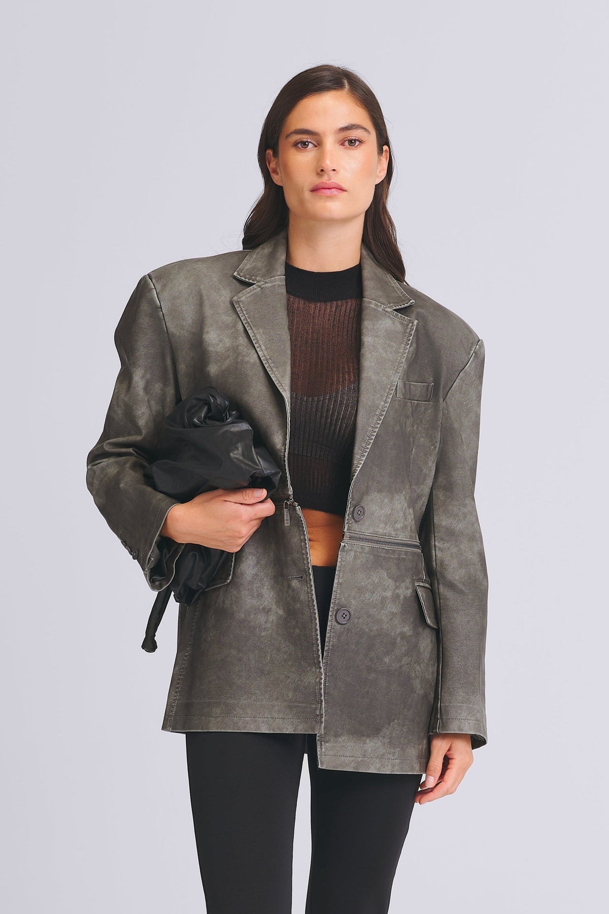 Oversized faux leather zip blazer for women by AEMMI