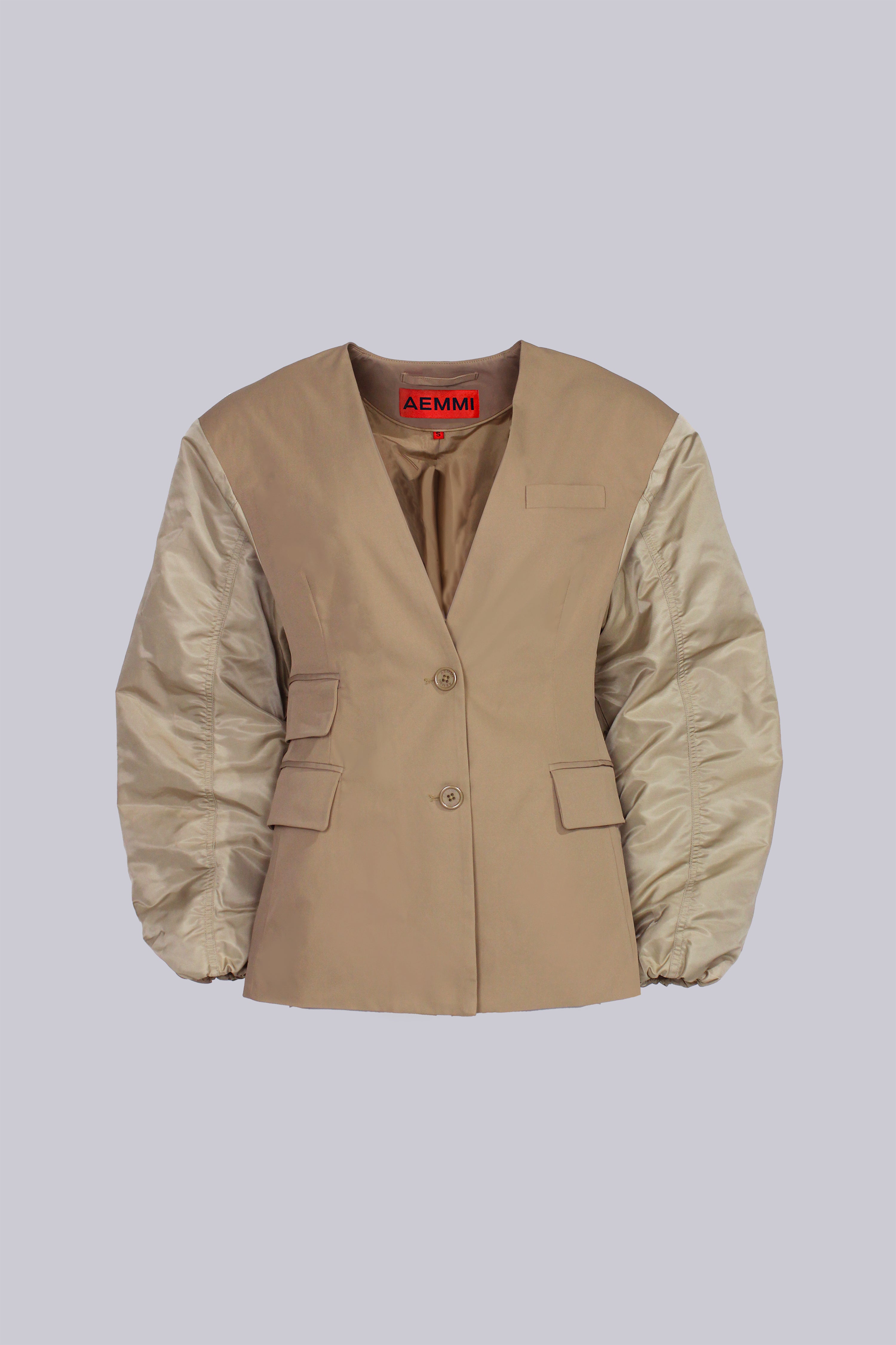 Beige oversized blazer with bomber-style sleeves by AEMMI
