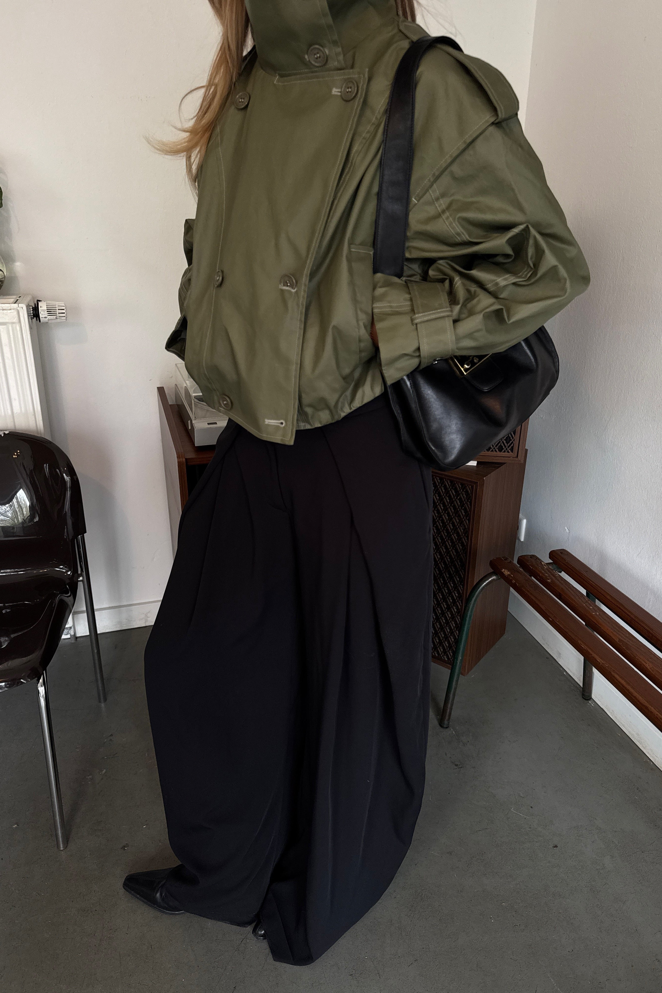 Olive cropped trench coat in waxed cotton by AEMMI