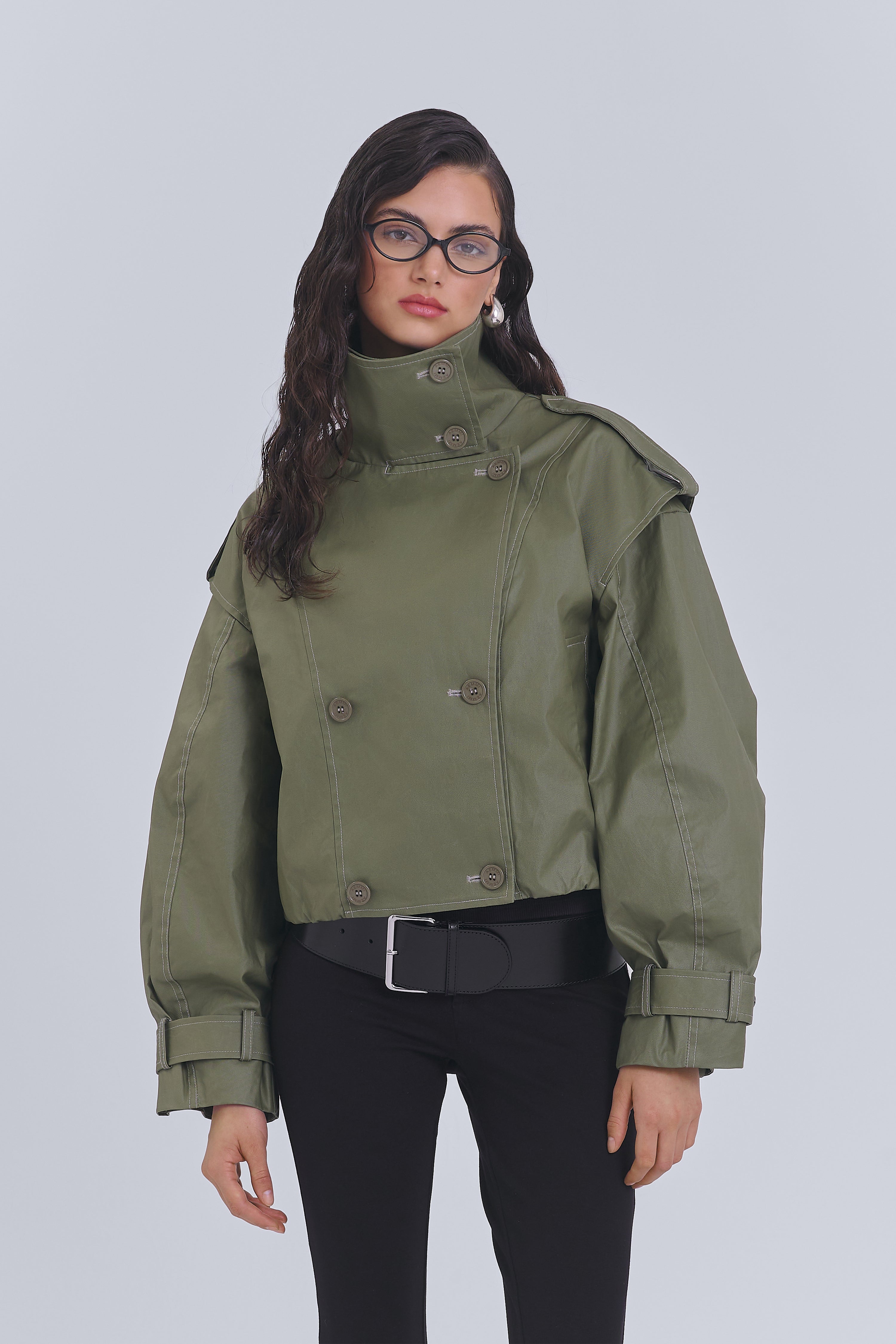 Olive cropped trench coat in waxed cotton by AEMMI