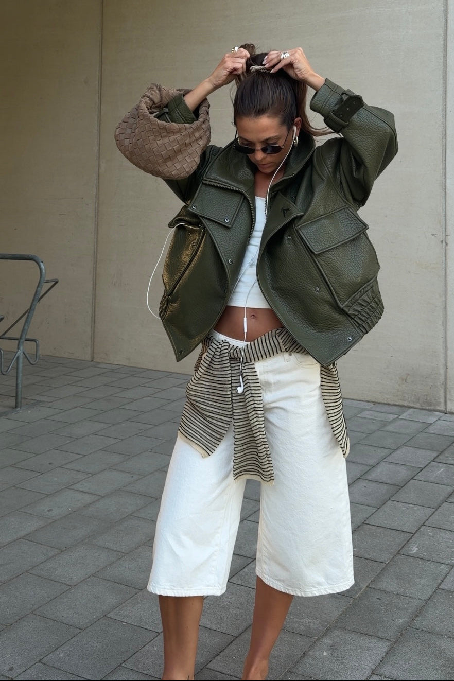Olive faux leather biker jacket with detachable collar by AEMMI