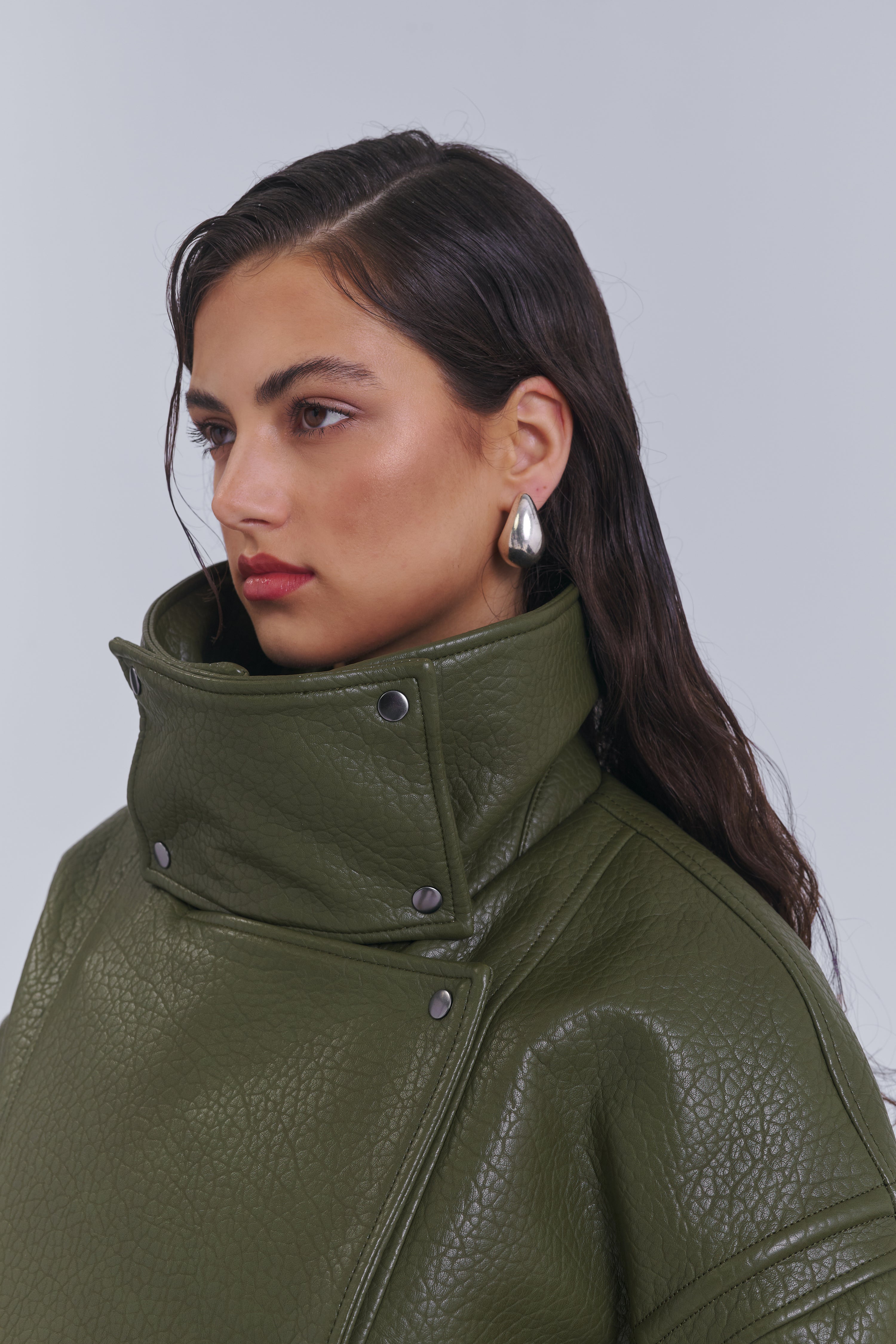 Olive faux leather biker jacket with detachable collar by AEMMI