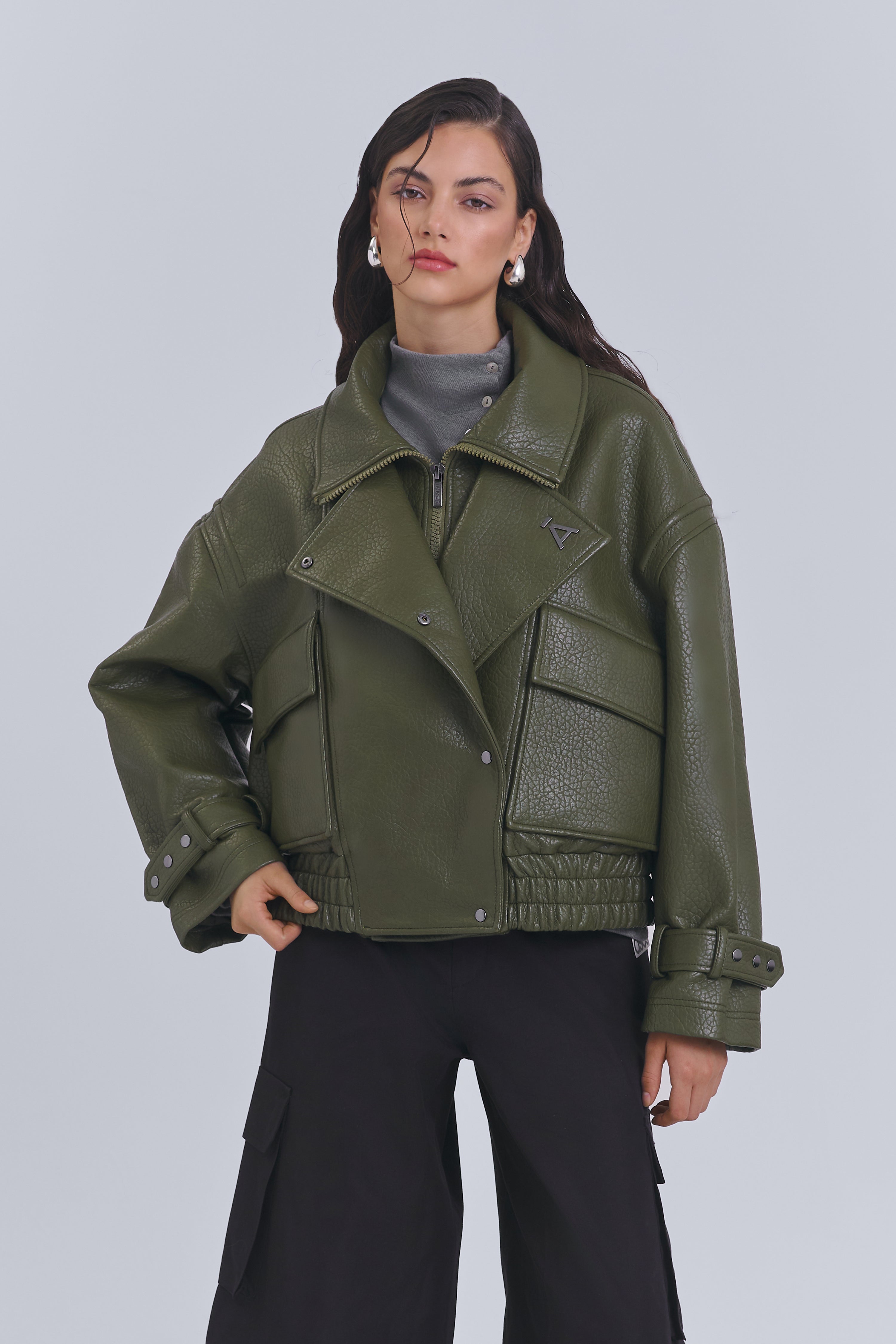 Olive faux leather biker jacket with detachable collar by AEMMI