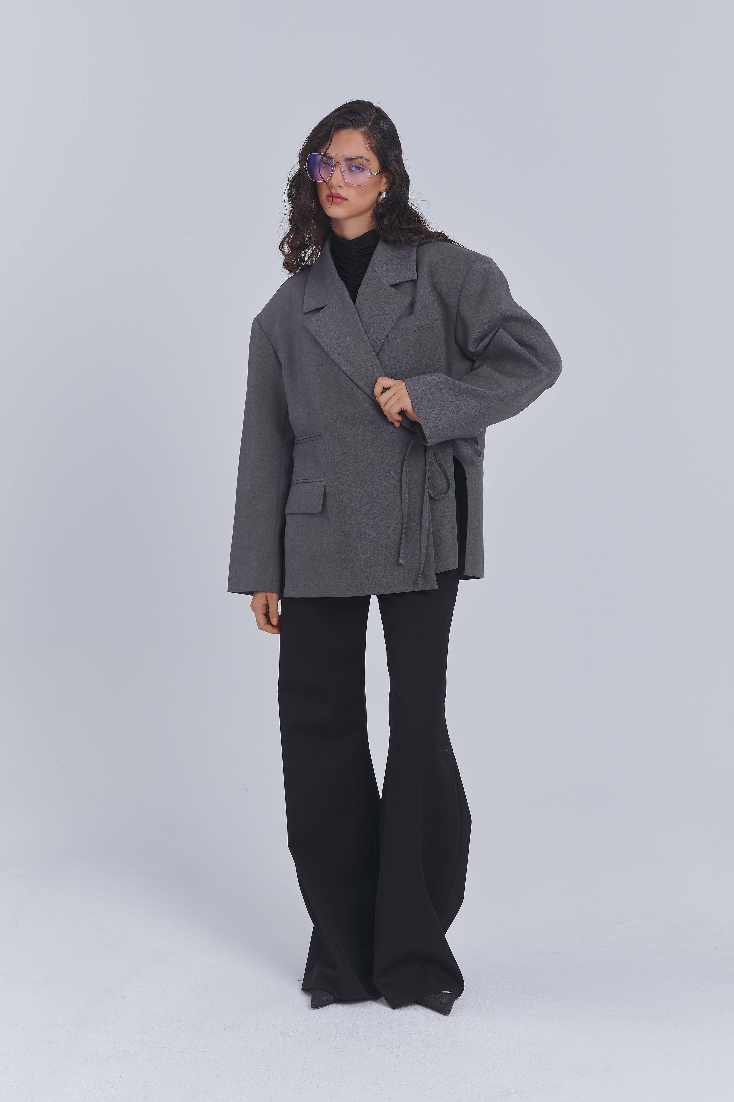 Grey wrap blazer with kimono-inspired silhouette by AEMMI