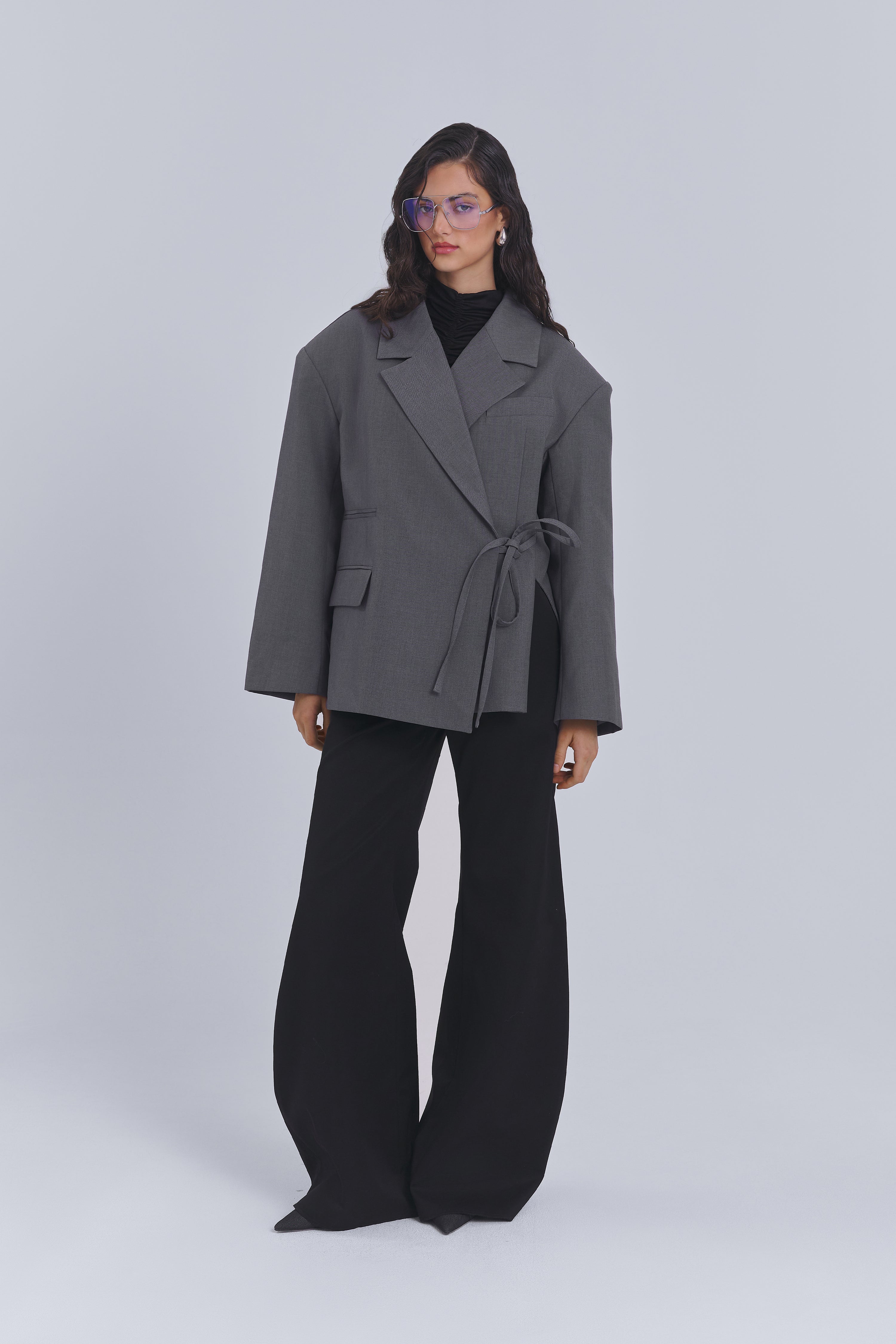 Grey wrap blazer with kimono-inspired silhouette by AEMMI